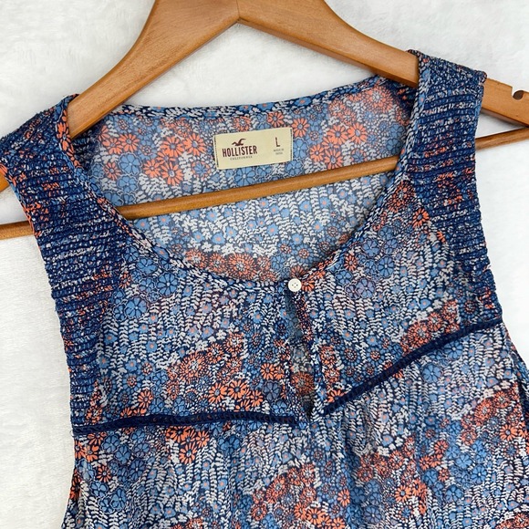 Hollister Women LARGE Blue Orange Sheer Flowy Sleeveless Tank Top Quaint Blouse - Picture 1 of 7